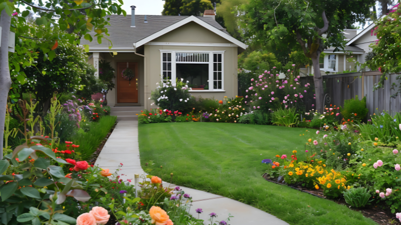 Landscaped front garden with vibrant greenery