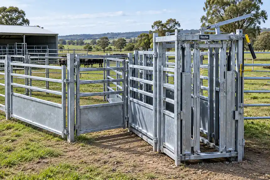  Galvanized steel livestock handling gate and panel system in a farm setting