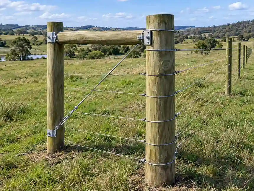 High-tensile wire fence with a corner post and H-brace on a rural property