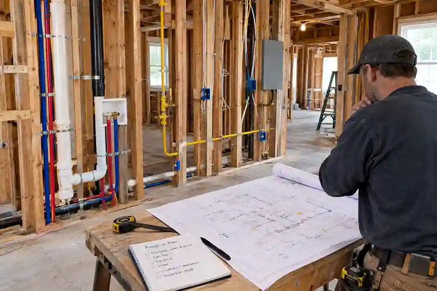 Home renovation with walls open, exposed utility lines, plumbing, gas work, and a contractor planning services before the walls are closed.