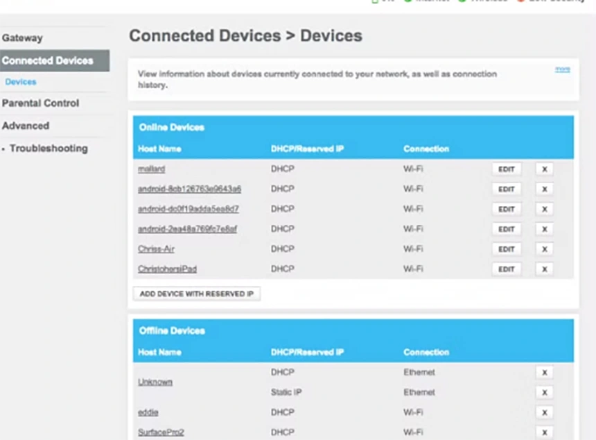 Home router admin page open on a laptop showing a list of connected devices