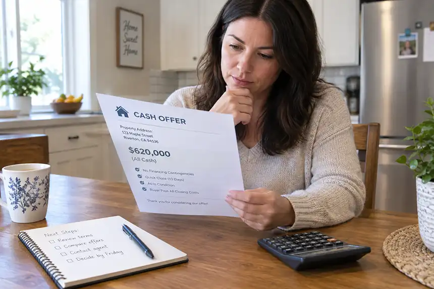 Homeowner reviewing a written cash offer at a kitchen table with a calculator