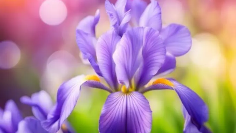Vibrant purple iris flower with yellow markings against a softly blurred colorful garden background.