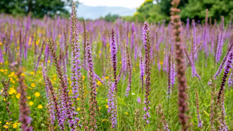 Wide view of purple Kansas Gayfeather flowers spikes growing among yellow wildflowers in a meadow.