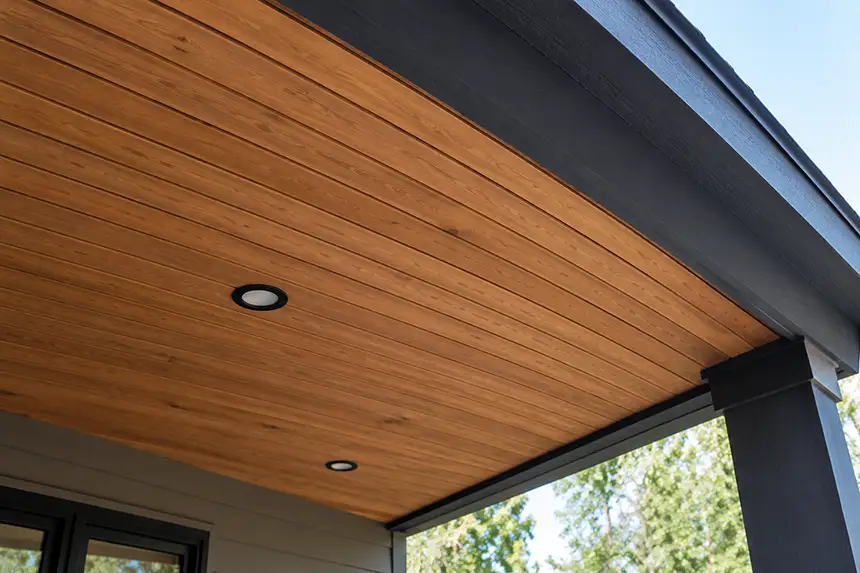 Looking up at a covered porch ceiling clad in narrow horizontal wood boards with even gaps between them, meeting a dark fascia board