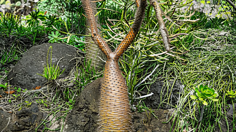 Madagascar Palm with spiny trunk and green leaves