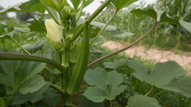 Close-up of Okra Plant leaves and pods