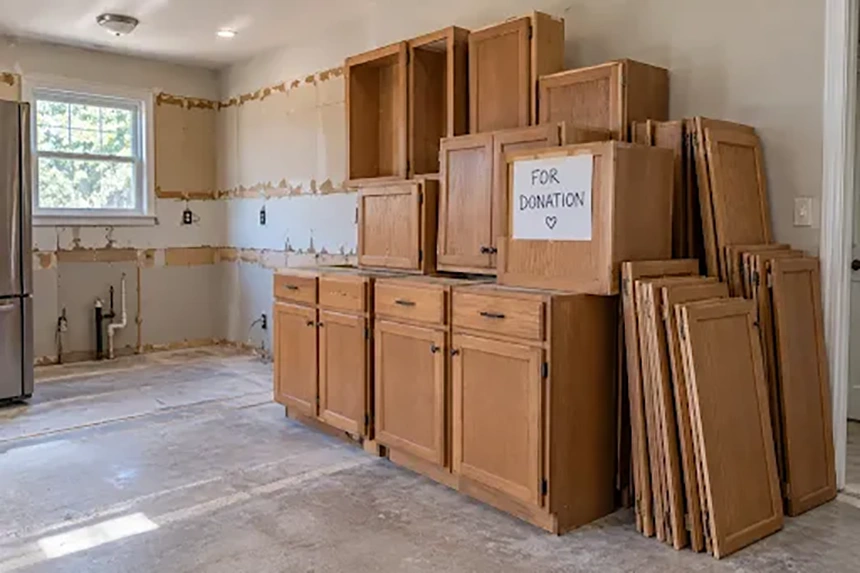 Old kitchen cabinets removed intact and stacked for donation rather than disposal