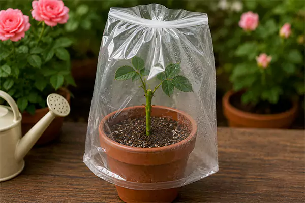 Propagated plant covered with bag