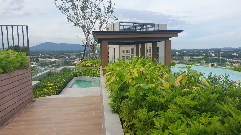 Roof garden with flowers, plants, and seating area