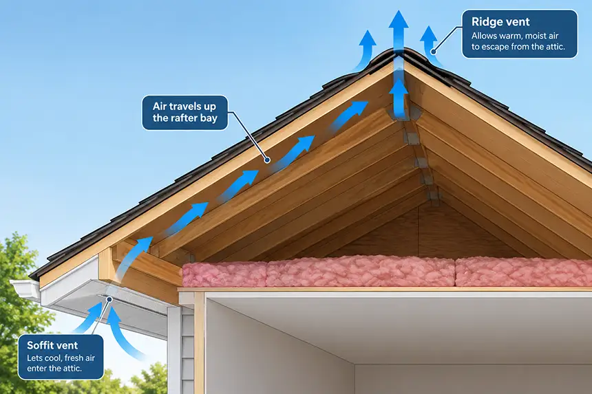 Simple cutaway diagram showing air entering through a soffit vent at the eave, travelling up the rafter bay, and exiting at a ridge vent