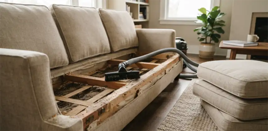 Sofa cushions removed and stacked to one side, upholstery brush attachment resting on the exposed frame