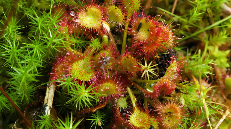 Sundew plant growing in glass terrarium