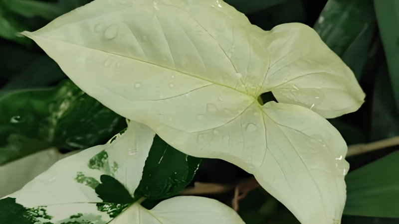 Close-up of Syngonium Albo marbled leaves