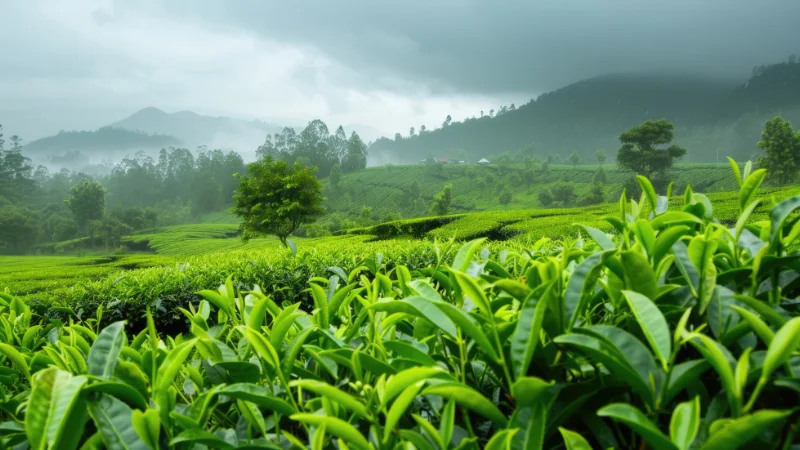 Panoramic view of a lush tea garden