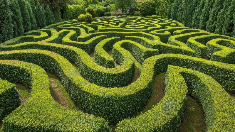Turf maze with green grass pathways and hedges