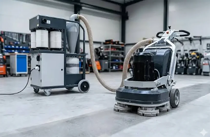 Walk-behind diamond floor grinder on a bare concrete floor with a dust extractor hose attached