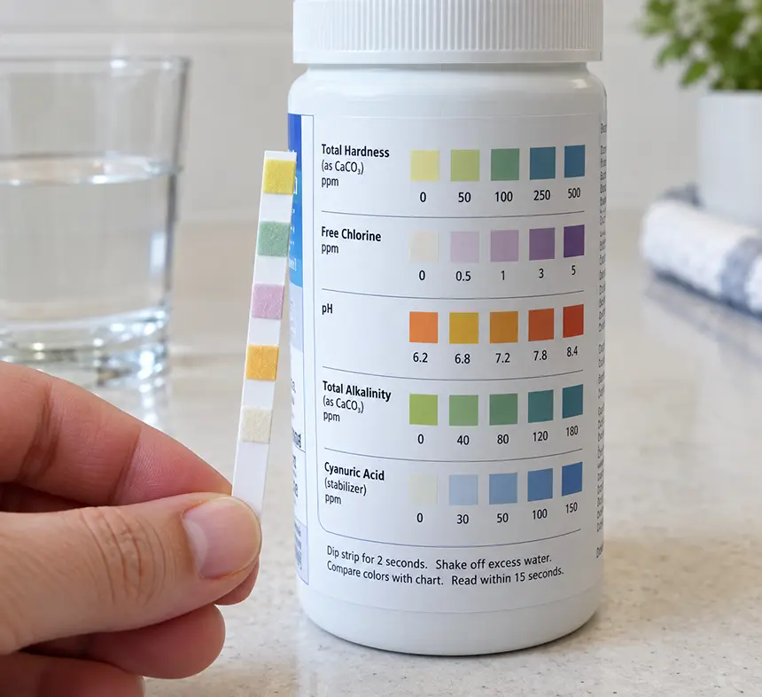 Water test strip held against the color chart printed on the side of its bottle