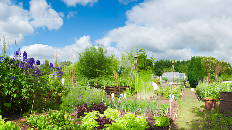 Organic allotment garden producing fresh seasonal crops