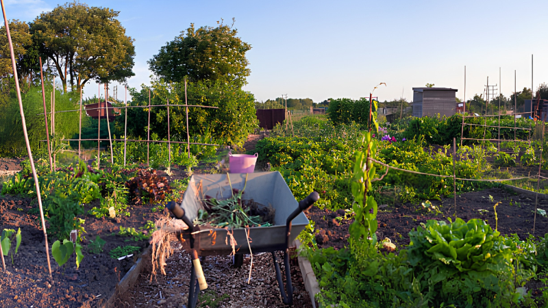 Lush green allotment garden with healthy vegetable plants