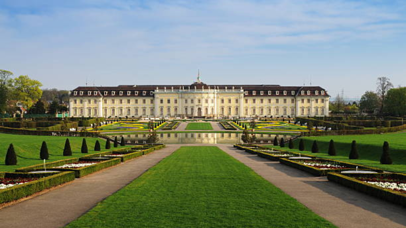 Classical European Baroque garden with statues