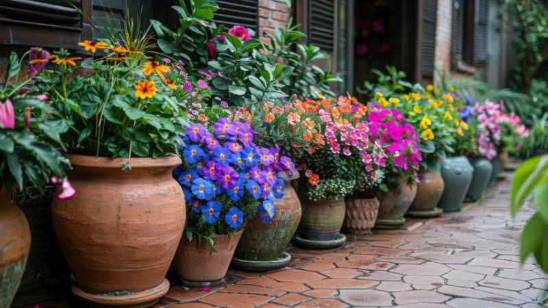 Container garden with blooming flowers