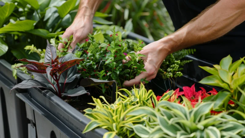 Rustic container garden with wooden planters