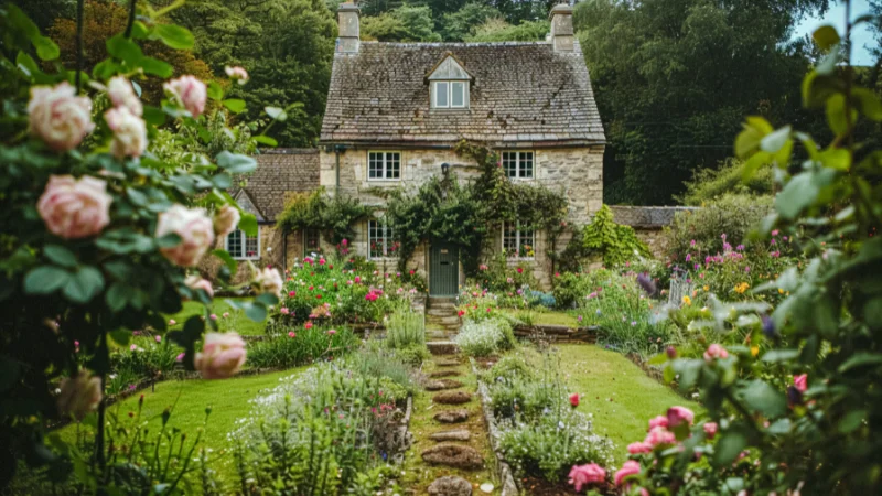Cottage garden with colorful flowers and winding paths