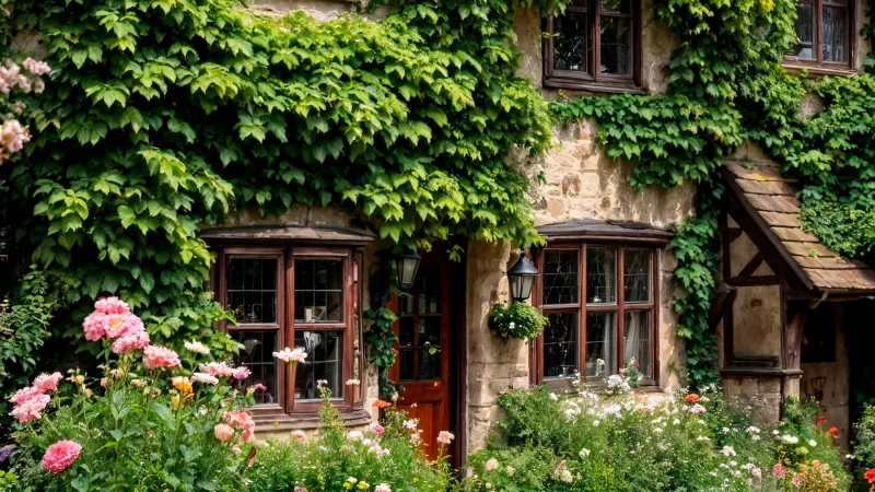 Stone pathway through a cottage garden