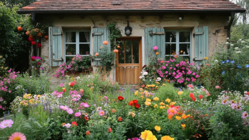 Cottage garden entrance with climbing roses
