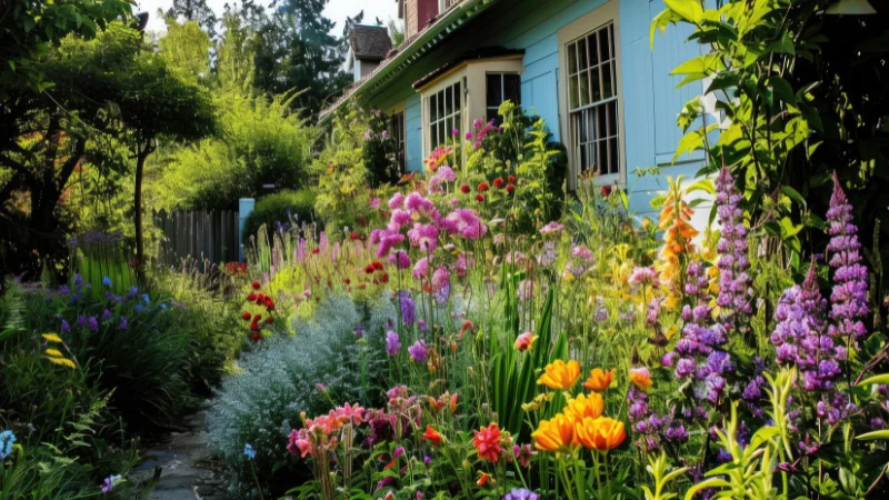 Cottage garden with cozy outdoor seating