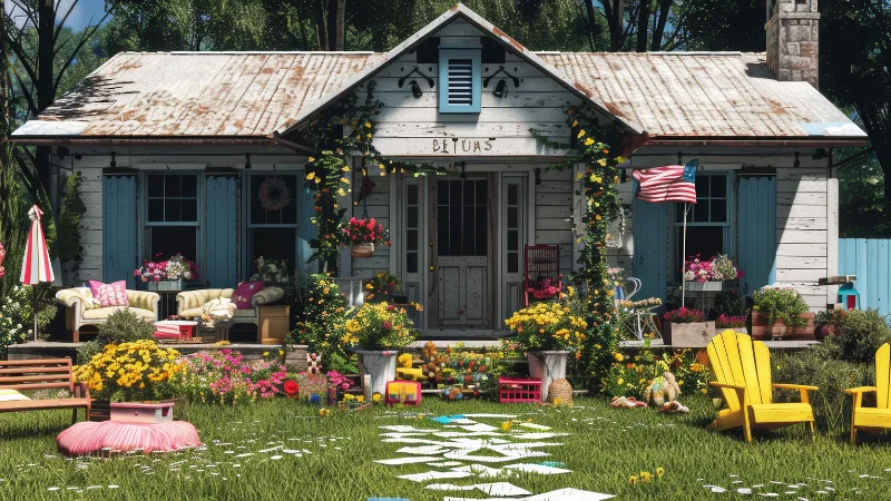 Blooming cottage garden with seasonal flowers