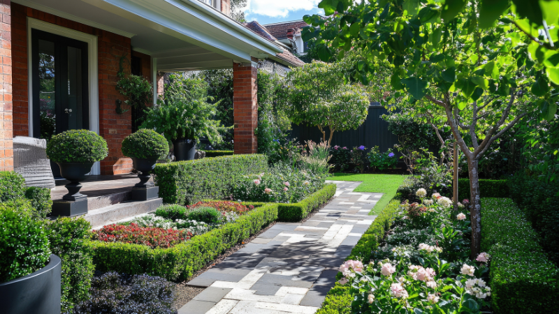 Front garden with colorful flowers and green lawn