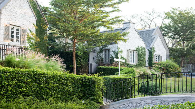 Front garden with vibrant flower beds