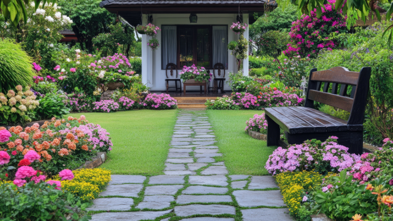 Front garden with ornamental shrubs