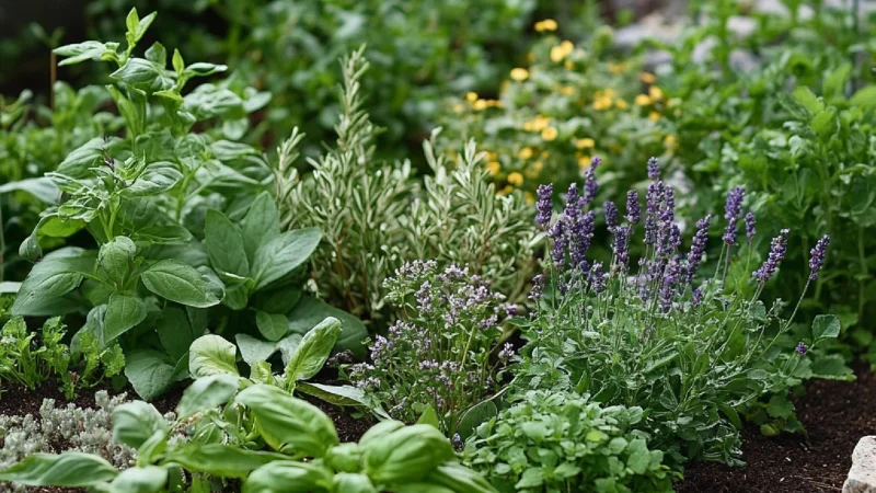 Organic herb garden with medicinal plants