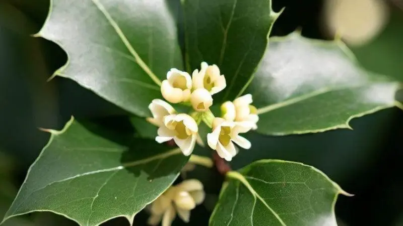 Single tiny white Holly flower with yellow stamens and round green buds.