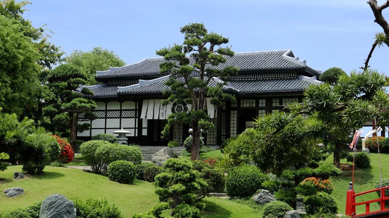 Japanese garden with colorful autumn foliage