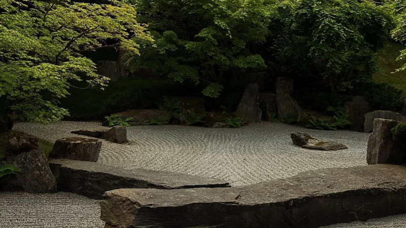 Red bridge in a Japanese garden