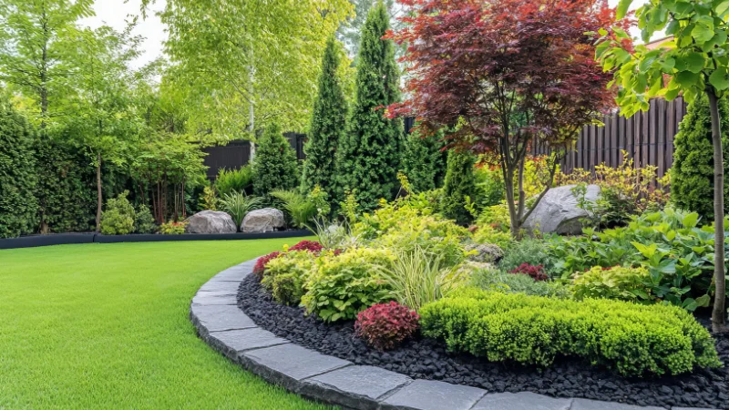 Landscape garden with healthy green lawn