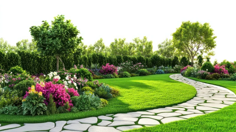 Backyard landscape garden with trees