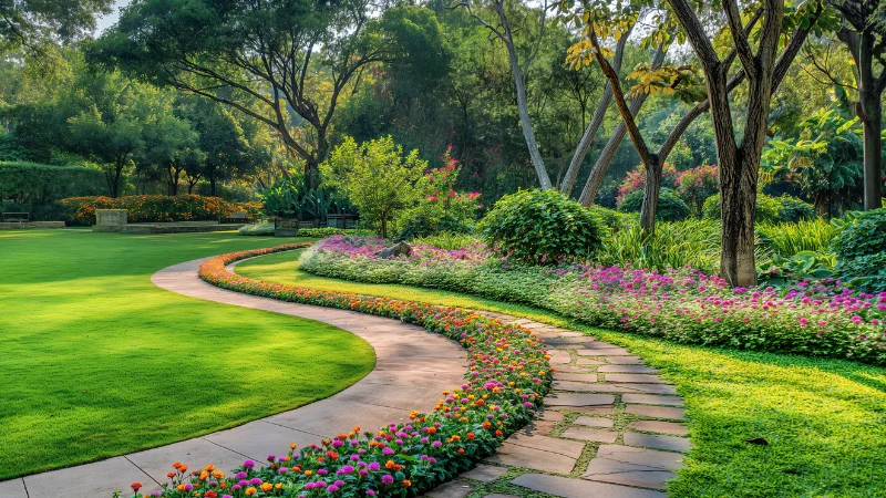 Elegant landscape garden with flower borders