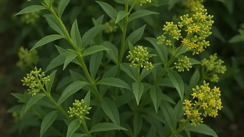 Madder shrub with narrow leaves and clusters of yellow-green flower buds