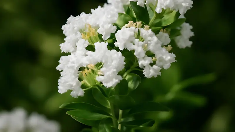 White crepe myrtle flower cluster with green foliage