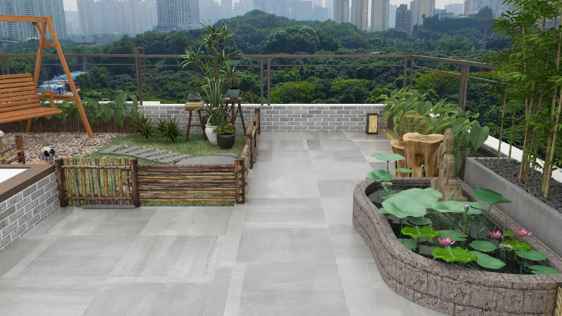 Modern roof garden with potted plants