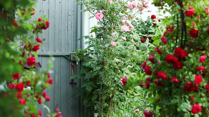 Walkway surrounded by colorful roses