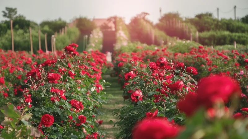 Scenic landscape with blooming rose beds