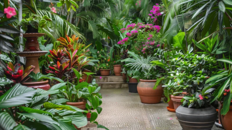 Tropical garden with pond and water feature