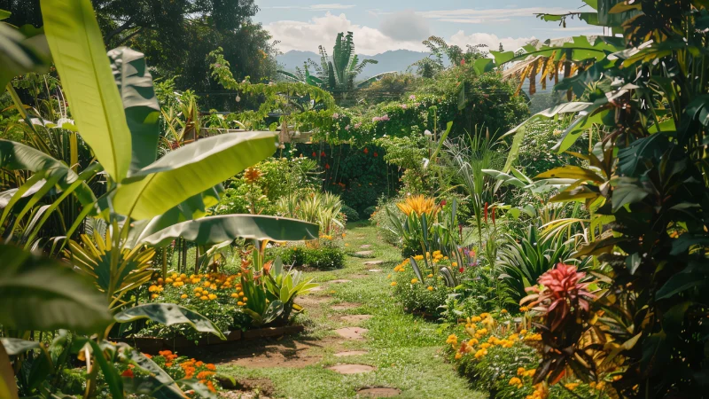 Tropical garden landscape with exotic plants