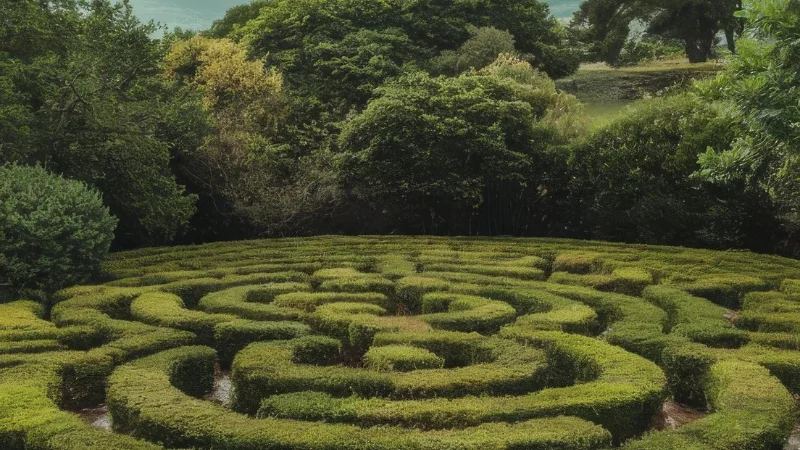Garden turf maze surrounded by greenery